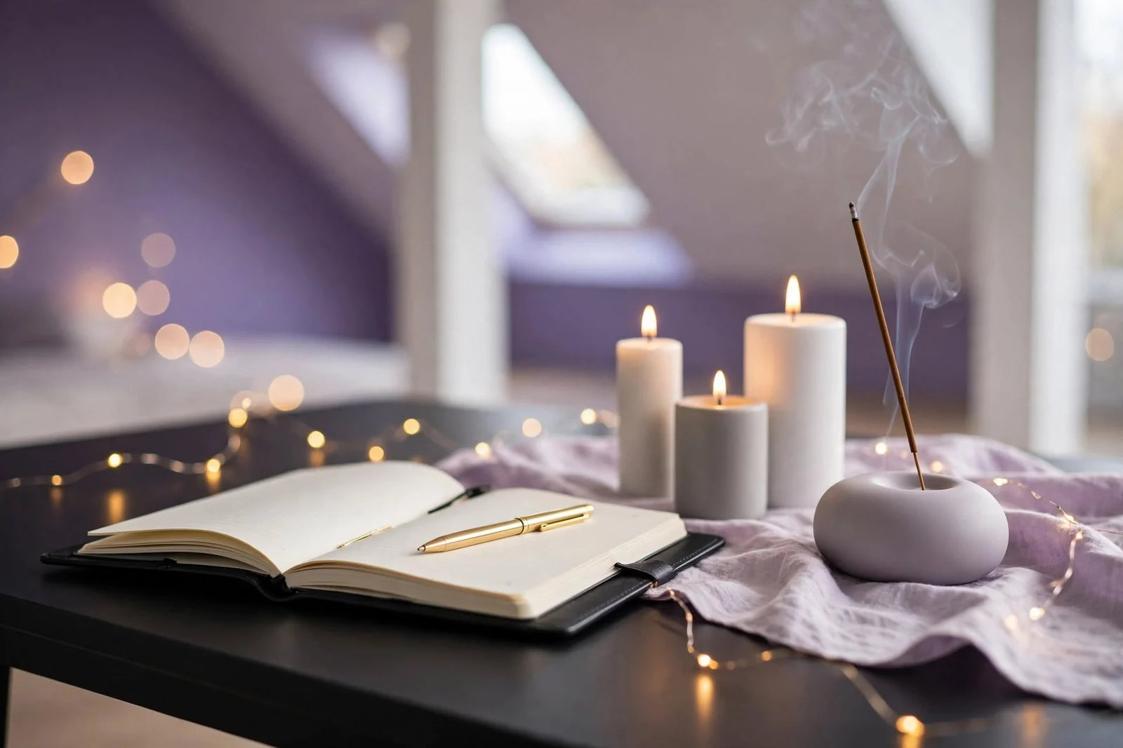 Quaderno aperto, candele e incenso per il momento serale di riflessione