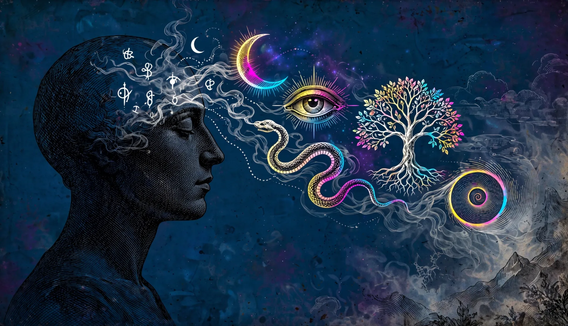 Mente umana con simboli archetipici che emergono dall'inconscio — tarocchi e neuroscienze