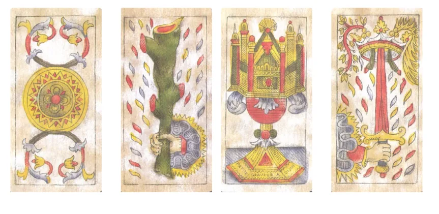 I quattro Assi dei Tarocchi: Denari, Bastoni, Coppe, Spade