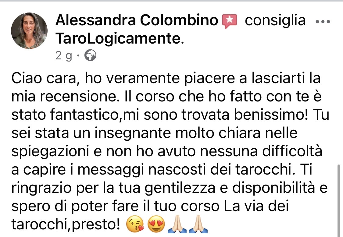 Recensione Facebook completa di Alessandra Colombino sul corso e La Via dei Tarocchi