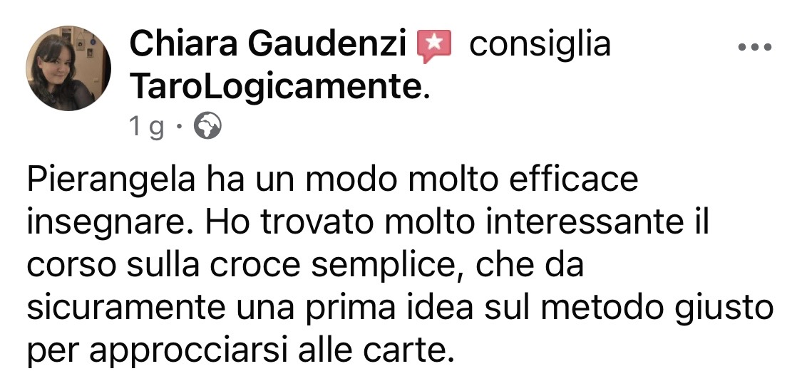 Recensione Facebook completa di Chiara Gaudenzi sul corso della Croce Semplice