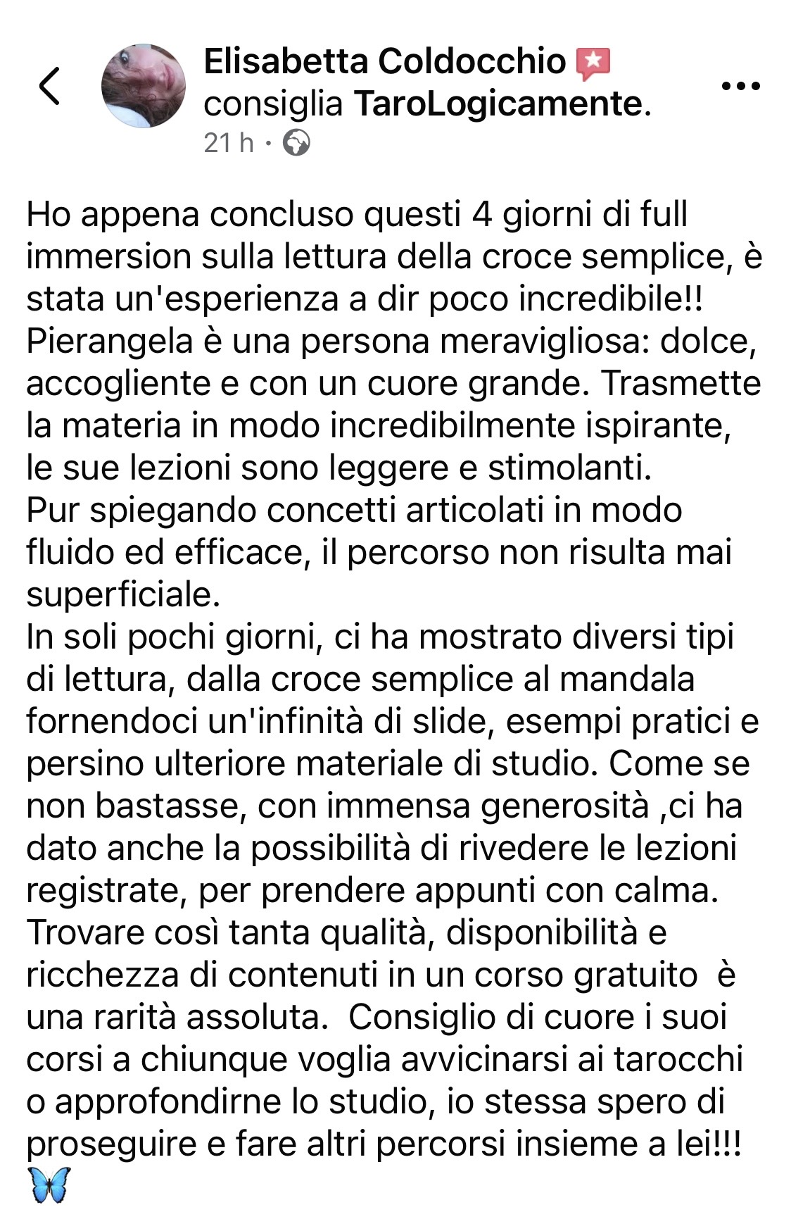 Recensione Facebook completa di Elisabetta Coldocchio sulla Croce Semplice