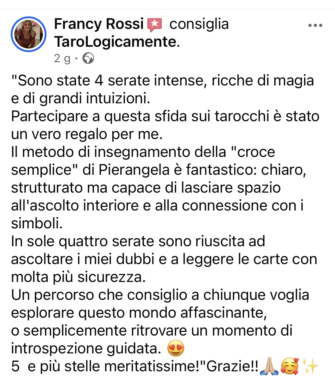 Recensione Facebook completa di Francy Rossi sulla Sfida della Croce Semplice